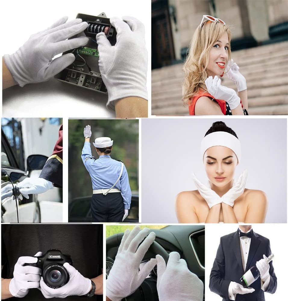 24 Stück (12 Paar) Weiße Baumwollhandschuhe für trockene Hände Feuchtigkeitspflege, Kosmetik, Ekzem, Hand-Spa, Münz- und Schmuckinspektion, Prüfen und Servieren – dehnbares Futter
