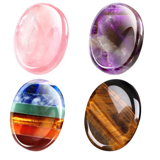 Roowest 4 Stücke Daumen Sorgenstein für Angst, natürliche Kristall-Heilsteine, Chakren Amethyst Tigerauge Quarz, Taschen-Umarmungs-Geschenk für Büro Stress Meditation (Chromashift, Oval)
