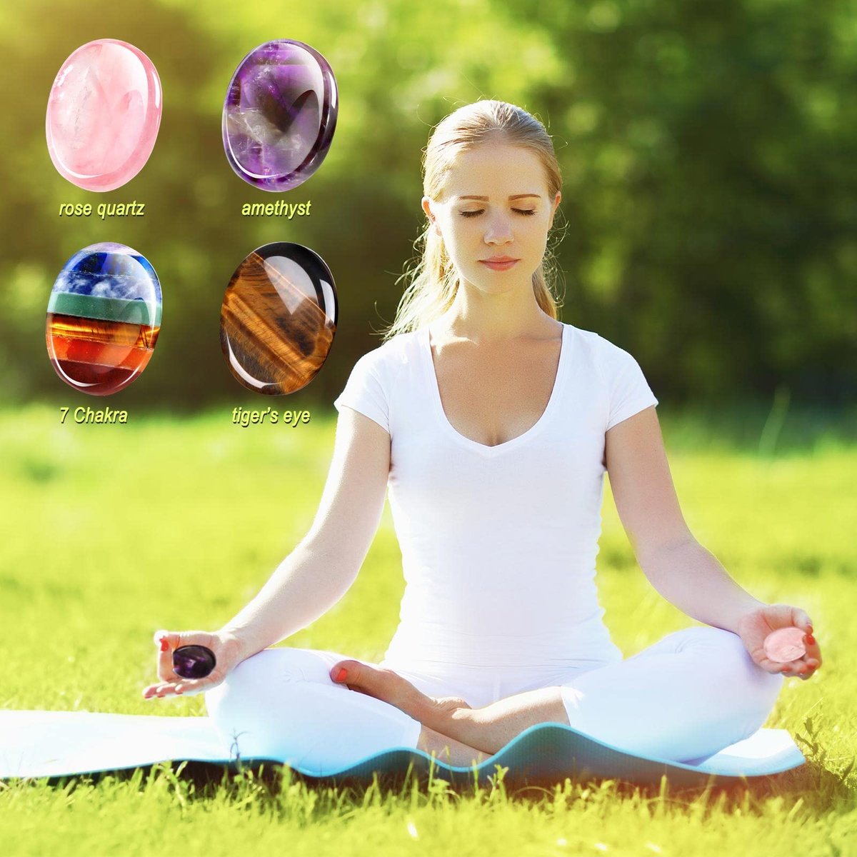 Roowest 4 Stücke Daumen Sorgenstein für Angst, natürliche Kristall-Heilsteine, Chakren Amethyst Tigerauge Quarz, Taschen-Umarmungs-Geschenk für Büro Stress Meditation (Chromashift, Oval)