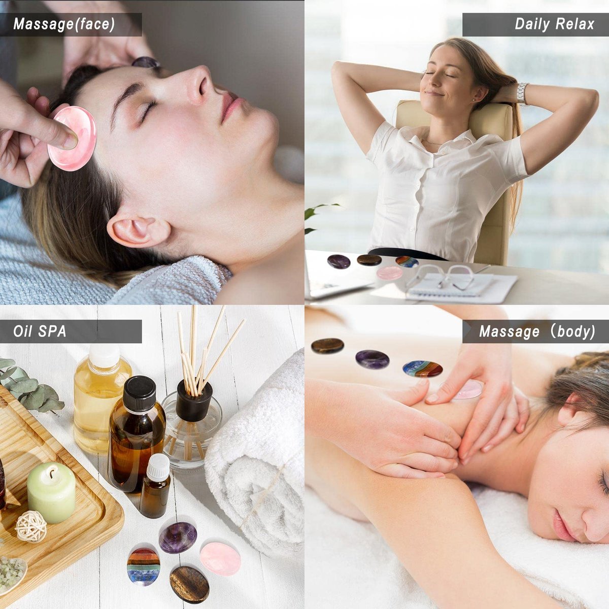 Roowest 4 Stücke Daumen Sorgenstein für Angst, natürliche Kristall-Heilsteine, Chakren Amethyst Tigerauge Quarz, Taschen-Umarmungs-Geschenk für Büro Stress Meditation (Chromashift, Oval)