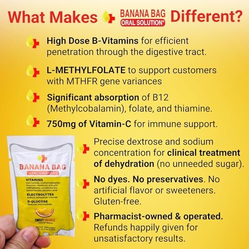 Banana Bag Oral Solution Erholungspakete – Süße Orange 5er-Pack | Erfrischende Mischung aus Elektrolyten, Vitamin C und B-Komplex für Hydration und Energie. Praktisch, leicht zu mischen und perfekt für jeden Lebensstil.