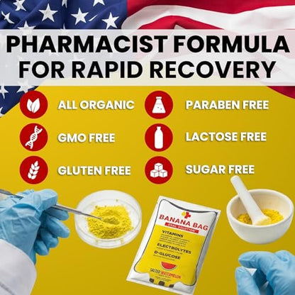 Banana Bag Oral Solution Erholungspakete – Süße Orange 5er-Pack | Erfrischende Mischung aus Elektrolyten, Vitamin C und B-Komplex für Hydration und Energie. Praktisch, leicht zu mischen und perfekt für jeden Lebensstil.