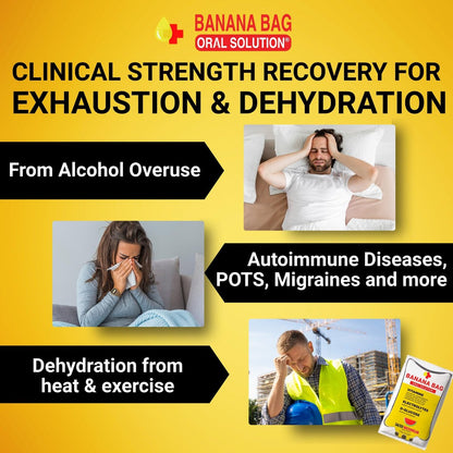Banana Bag Oral Solution Erholungspakete – Süße Orange 5er-Pack | Erfrischende Mischung aus Elektrolyten, Vitamin C und B-Komplex für Hydration und Energie. Praktisch, leicht zu mischen und perfekt für jeden Lebensstil.