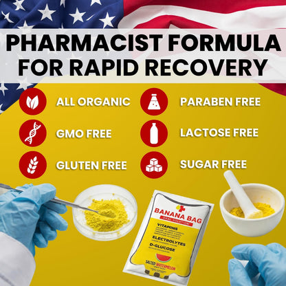 Banana Bag Oral Solution Erholungspakete – Süße Orange 5er-Pack | Erfrischende Mischung aus Elektrolyten, Vitamin C und B-Komplex für Hydration und Energie. Praktisch, leicht zu mischen und perfekt für jeden Lebensstil.