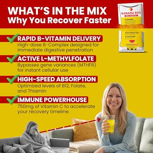 Banana Bag Oral Solution Erholungspakete – Süße Orange 5er-Pack | Erfrischende Mischung aus Elektrolyten, Vitamin C und B-Komplex für Hydration und Energie. Praktisch, leicht zu mischen und perfekt für jeden Lebensstil.