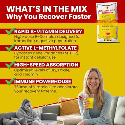 Banana Bag Oral Solution Erholungspakete – Süße Orange 5er-Pack | Erfrischende Mischung aus Elektrolyten, Vitamin C und B-Komplex für Hydration und Energie. Praktisch, leicht zu mischen und perfekt für jeden Lebensstil.