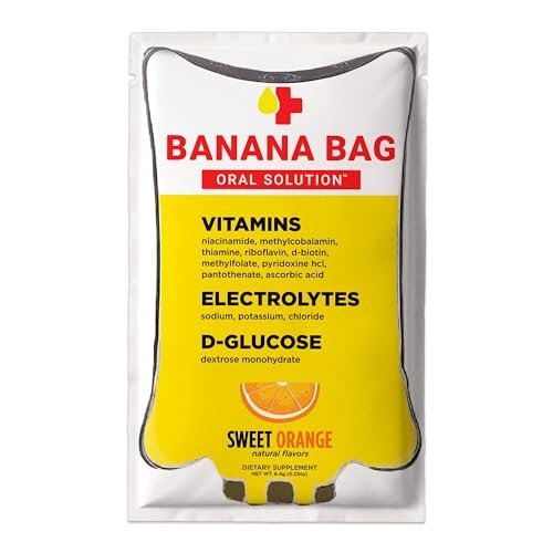 Banana Bag Oral Solution Erholungspakete – Süße Orange 5er-Pack | Erfrischende Mischung aus Elektrolyten, Vitamin C und B-Komplex für Hydration und Energie. Praktisch, leicht zu mischen und perfekt für jeden Lebensstil.
