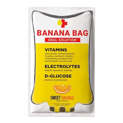 Banana Bag Oral Solution Erholungspakete – Süße Orange 5er-Pack | Erfrischende Mischung aus Elektrolyten, Vitamin C und B-Komplex für Hydration und Energie. Praktisch, leicht zu mischen und perfekt für jeden Lebensstil.