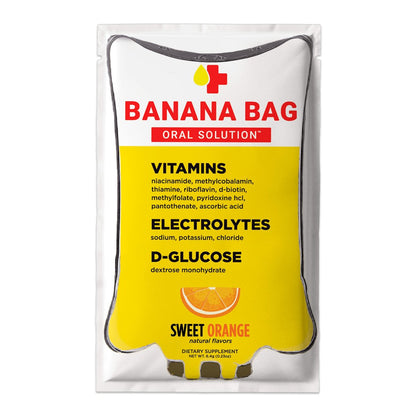 Banana Bag Oral Solution Erholungspakete – Süße Orange 5er-Pack | Erfrischende Mischung aus Elektrolyten, Vitamin C und B-Komplex für Hydration und Energie. Praktisch, leicht zu mischen und perfekt für jeden Lebensstil.