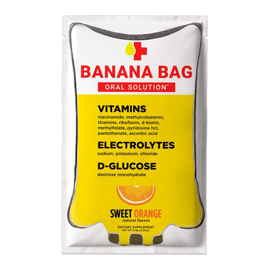 Banana Bag Oral Solution Erholungspakete – Süße Orange 5er-Pack | Erfrischende Mischung aus Elektrolyten, Vitamin C und B-Komplex für Hydration und Energie. Praktisch, leicht zu mischen und perfekt für jeden Lebensstil.