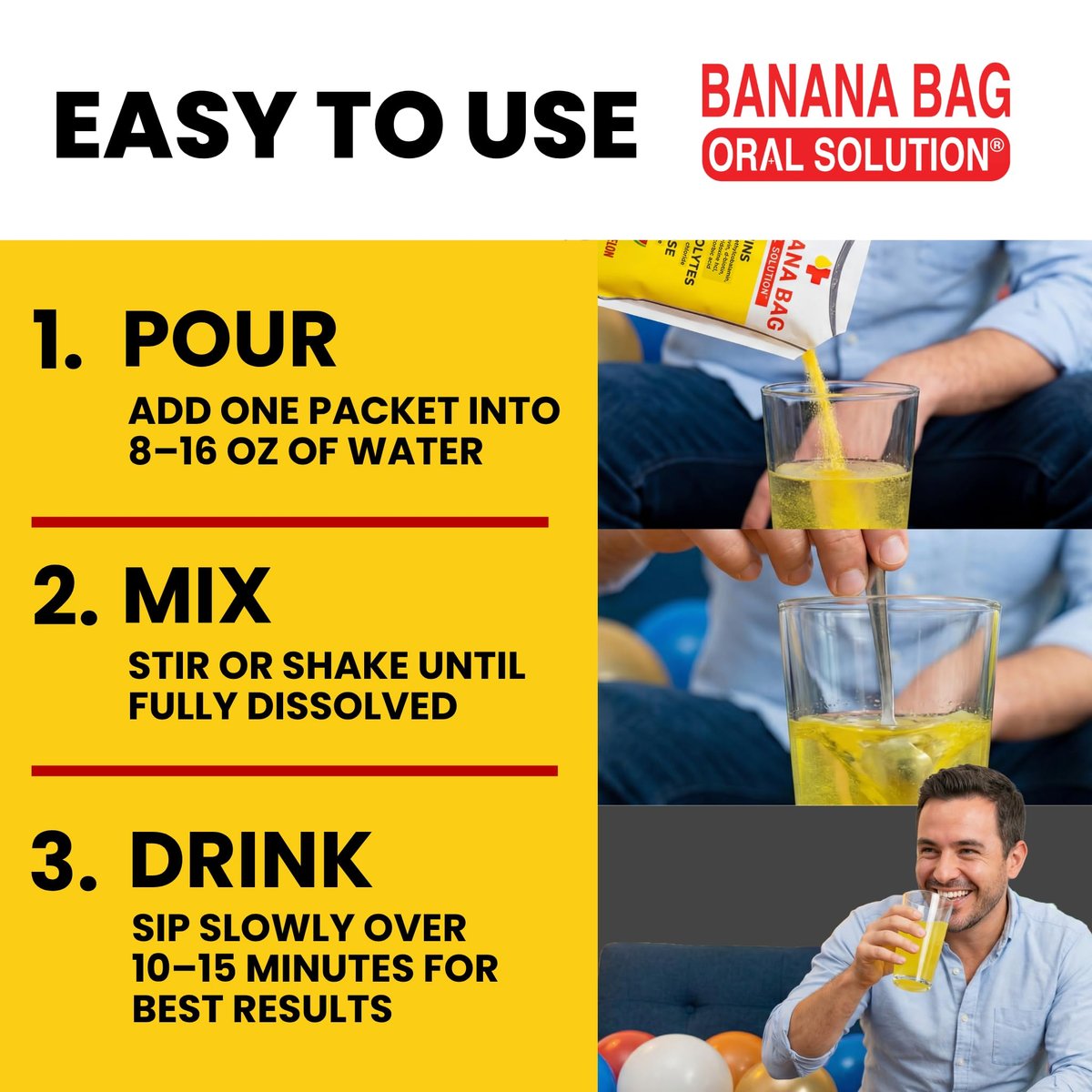 Banana Bag Oral Solution Erholungspakete – Süße Orange 5er-Pack | Erfrischende Mischung aus Elektrolyten, Vitamin C und B-Komplex für Hydration und Energie. Praktisch, leicht zu mischen und perfekt für jeden Lebensstil.