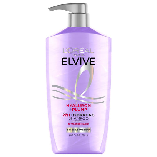 L'Oreal Paris Elvive Hyaluron Plump Feuchtigkeitsspendendes Shampoo für dehydriertes, trockenes Haar mit Hyaluronsäure-Pflegekomplex, parabenfrei, 26,5 Fl Oz