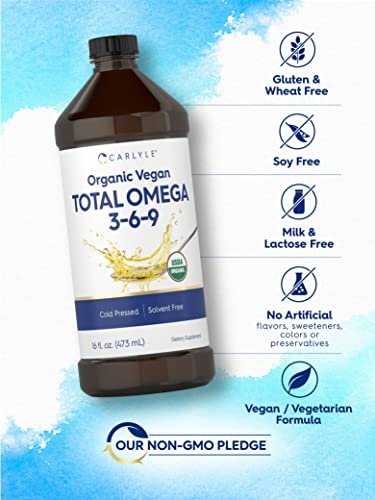 Carlyle Omega 3 6 9 | 16 fl oz | Kaltgepresst | Bio-zertifiziertes, veganes Nahrungsergänzungsmittel | Vegetarisch, Nicht-GVO, Glutenfrei und Lösungsmittelfrei