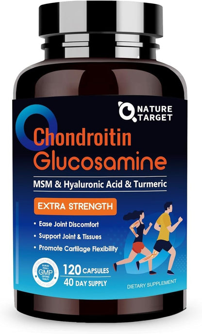 NATURE TARGET Glucosamin Chondroitin MSM Gelenk-Unterstützung, ohne Schalentiere, mit Kurkuma, Boswellia, Hyaluronsäure, Kollagen, Calcium für Knorpel- und Knochengesundheit, 120 Kapseln, 40 Portionen