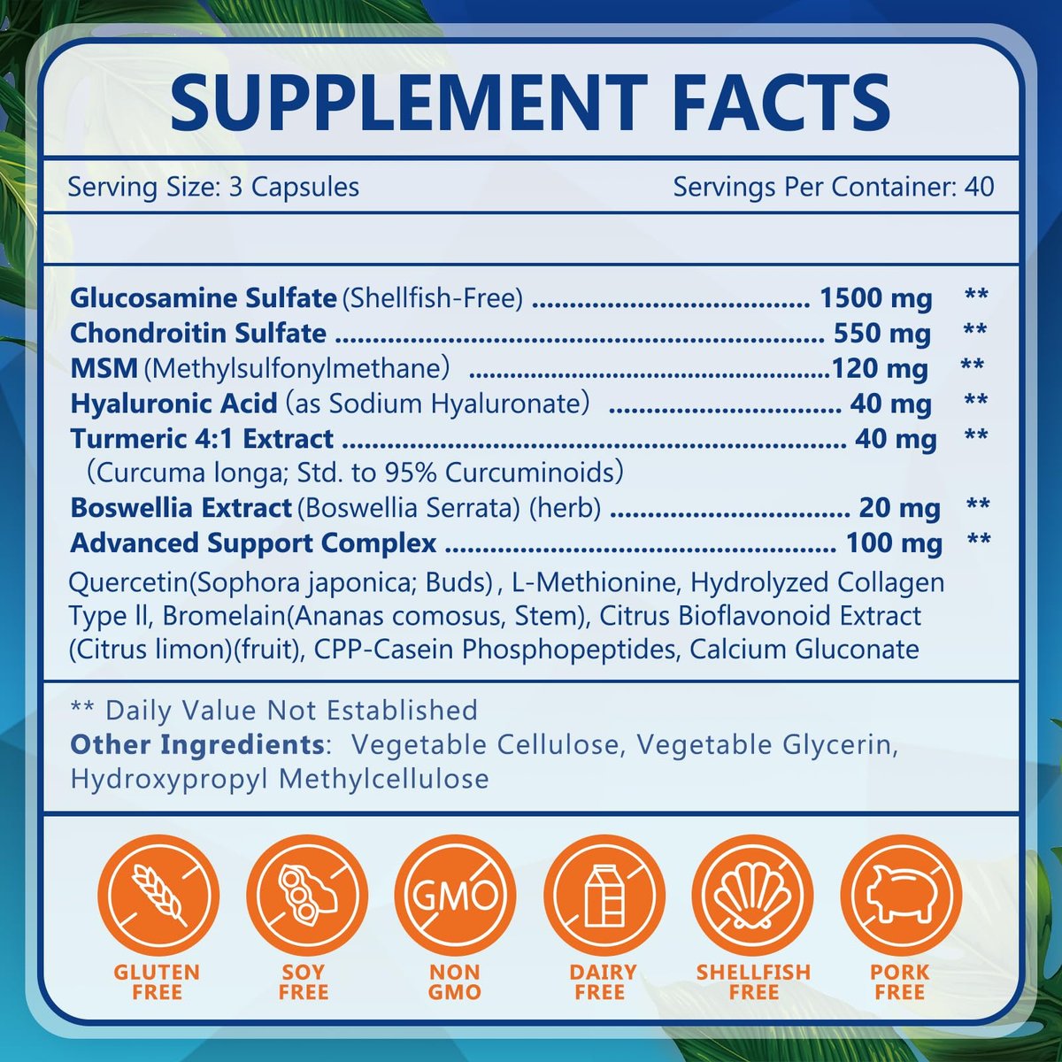 NATURE TARGET Glucosamin Chondroitin MSM Gelenk-Unterstützung, ohne Schalentiere, mit Kurkuma, Boswellia, Hyaluronsäure, Kollagen, Calcium für Knorpel- und Knochengesundheit, 120 Kapseln, 40 Portionen