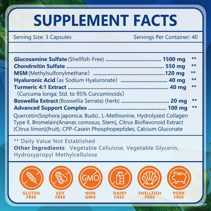 NATURE TARGET Glucosamin Chondroitin MSM Gelenk-Unterstützung, ohne Schalentiere, mit Kurkuma, Boswellia, Hyaluronsäure, Kollagen, Calcium für Knorpel- und Knochengesundheit, 120 Kapseln, 40 Portionen