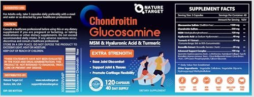 NATURE TARGET Glucosamin Chondroitin MSM Gelenk-Unterstützung, ohne Schalentiere, mit Kurkuma, Boswellia, Hyaluronsäure, Kollagen, Calcium für Knorpel- und Knochengesundheit, 120 Kapseln, 40 Portionen