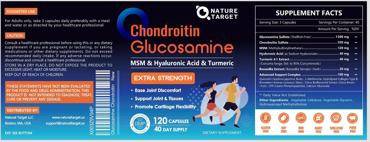 NATURE TARGET Glucosamin Chondroitin MSM Gelenk-Unterstützung, ohne Schalentiere, mit Kurkuma, Boswellia, Hyaluronsäure, Kollagen, Calcium für Knorpel- und Knochengesundheit, 120 Kapseln, 40 Portionen