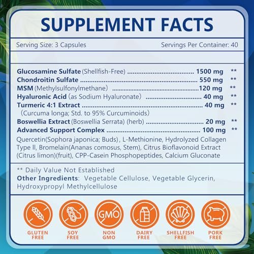 NATURE TARGET Glucosamin Chondroitin MSM Gelenk-Unterstützung, ohne Schalentiere, mit Kurkuma, Boswellia, Hyaluronsäure, Kollagen, Calcium für Knorpel- und Knochengesundheit, 120 Kapseln, 40 Portionen