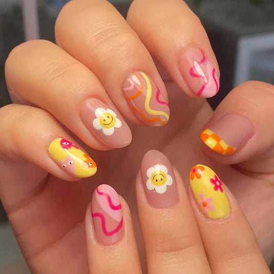 24 Stück Kurze Press-On-Nägel mit Sonnenblumenmuster, Mandelförmige French-Tips-Falschnägel mit Klebestreifen, Mittellange Acrylnägel für Frauen