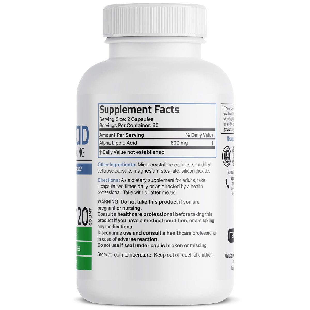 Bronson Alpha-Liponsäure 600 mg – Freie Radikale Fänger, unterstützt die antioxidative Gesundheit – Non-GMO, 120 Kapseln (60 Portionen)