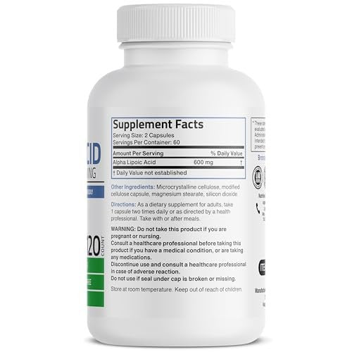 Bronson Alpha-Liponsäure 600 mg – Freie Radikale Fänger, unterstützt die antioxidative Gesundheit – Non-GMO, 120 Kapseln (60 Portionen)