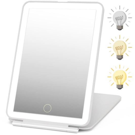 DenCert Rechargeable Reisespiegel mit 72 LED-Leuchten, klappbarer kompakter Schminkspiegel mit Licht, 3 Lichtmodi, dimmbarer Touchscreen (Weiß)