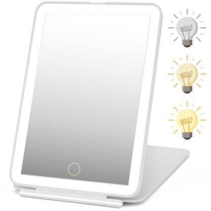 DenCert Rechargeable Reisespiegel mit 72 LED-Leuchten, klappbarer kompakter Schminkspiegel mit Licht, 3 Lichtmodi, dimmbarer Touchscreen (Weiß)