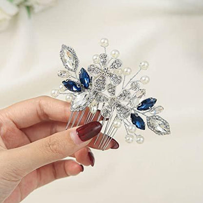 Catery Blumen-Braut-Haar-Kamm mit blauen Kristallen und Perlen – Hochzeits-Haarschmuck für Frauen und Mädchen