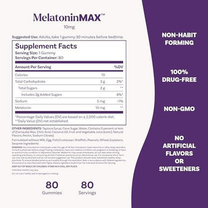 Natrol Melatonin 10mg Schlafhilfe Gummies, 80 Stück MelatoninMax Gummibärchen mit Blaubeergeschmack, 10 mg Melatonin für gelegentliche Schlaflosigkeit, 80-Tage-Vorrat