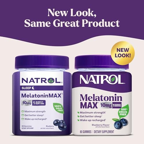 Natrol Melatonin 10mg Schlafhilfe Gummies, 80 Stück MelatoninMax Gummibärchen mit Blaubeergeschmack, 10 mg Melatonin für gelegentliche Schlaflosigkeit, 80-Tage-Vorrat