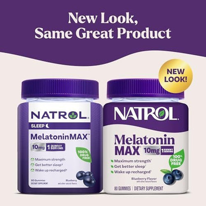 Natrol Melatonin 10mg Schlafhilfe Gummies, 80 Stück MelatoninMax Gummibärchen mit Blaubeergeschmack, 10 mg Melatonin für gelegentliche Schlaflosigkeit, 80-Tage-Vorrat