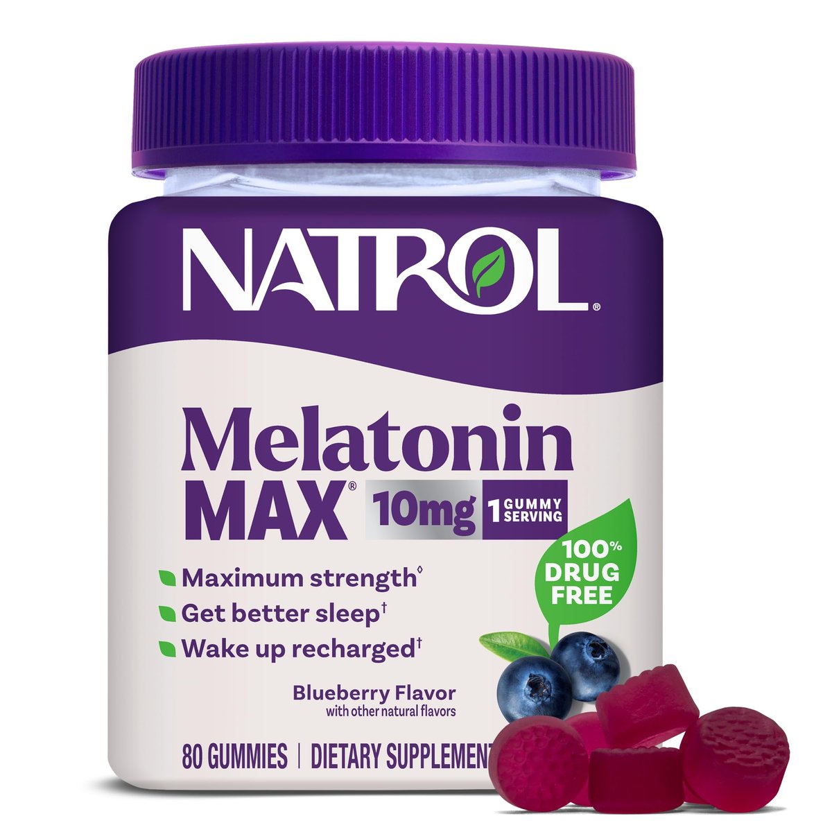 Natrol Melatonin 10mg Schlafhilfe Gummies, 80 Stück MelatoninMax Gummibärchen mit Blaubeergeschmack, 10 mg Melatonin für gelegentliche Schlaflosigkeit, 80-Tage-Vorrat
