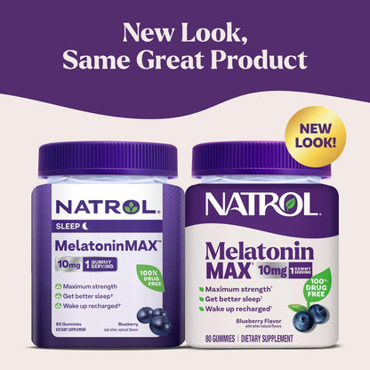 Natrol Melatonin 10mg Schlafhilfe Gummies, 80 Stück MelatoninMax Gummibärchen mit Blaubeergeschmack, 10 mg Melatonin für gelegentliche Schlaflosigkeit, 80-Tage-Vorrat