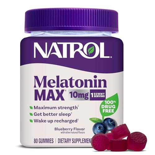 Natrol Melatonin 10mg Schlafhilfe Gummies, 80 Stück MelatoninMax Gummibärchen mit Blaubeergeschmack, 10 mg Melatonin für gelegentliche Schlaflosigkeit, 80-Tage-Vorrat