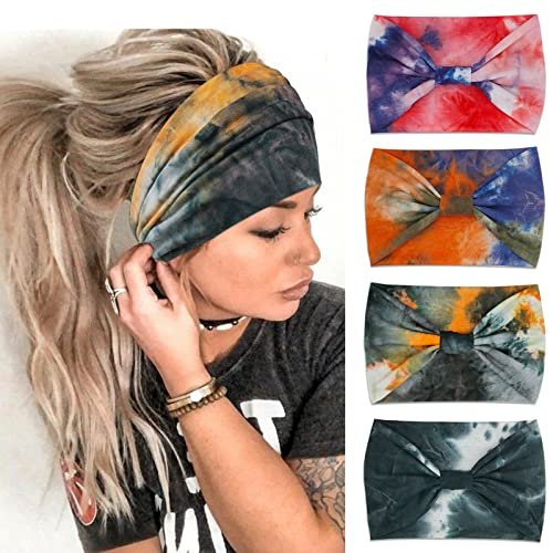 YONUF Breite Boho-Stirnbänder für Damen – 4er-Pack mit Knoten, Yoga- und Workout-Haarband, afrikanisches Kopftuch, Orange Tie Dye