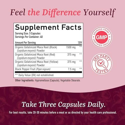 Bio Maca-Wurzel Kapseln für Frauen | Peruanische Maca 2250MG Extra Stärke | Rotes, Schwarzes & Gelbes Wurzelpulver mit Schwarzem Pfeffer | Pflanzliches Nahrungsergänzungsmittel zur Unterstützung von Energie & Hormonhaushalt | 120 Stück