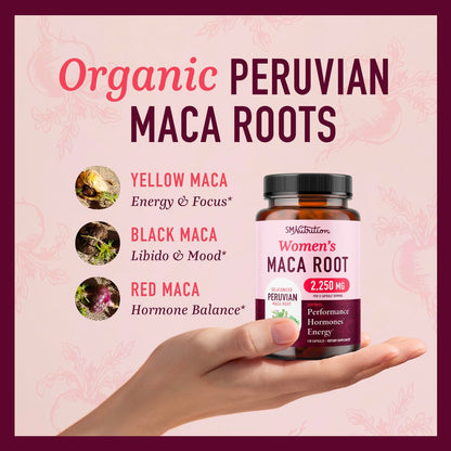 Bio Maca-Wurzel Kapseln für Frauen | Peruanische Maca 2250MG Extra Stärke | Rotes, Schwarzes & Gelbes Wurzelpulver mit Schwarzem Pfeffer | Pflanzliches Nahrungsergänzungsmittel zur Unterstützung von Energie & Hormonhaushalt | 120 Stück