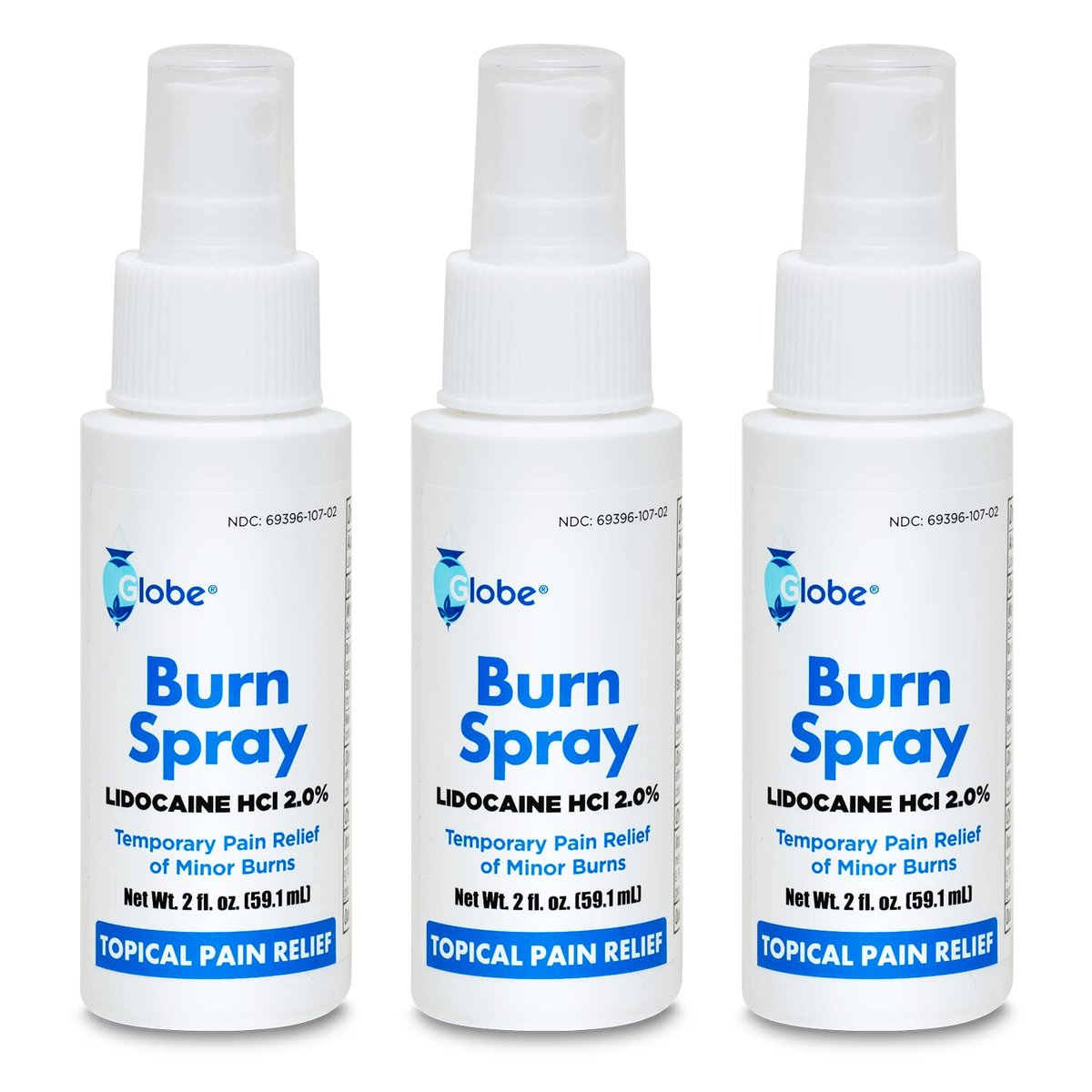 Globe (3er Pack) Brandspray, Lidocain 2% – Topische Anästhetische Schmerzlinderung und Betäubung 2 oz Sprühflasche
