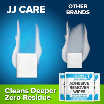 JJ CARE Kleberentferner-Tücher (50 Stück) 5,6 x 6,5 cm, hautfreundlich, medizinisch, für sensible Haut – einzeln verpackt
