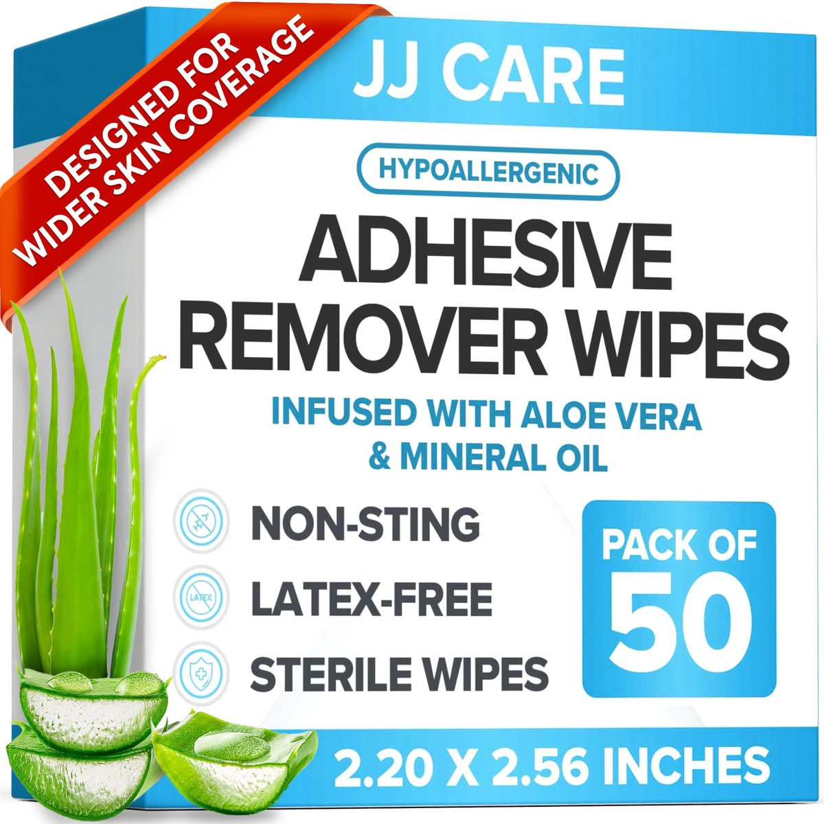 JJ CARE Kleberentferner-Tücher (50 Stück) 5,6 x 6,5 cm, hautfreundlich, medizinisch, für sensible Haut – einzeln verpackt