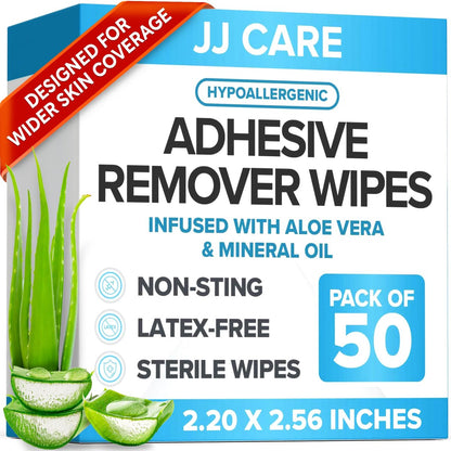 JJ CARE Kleberentferner-Tücher (50 Stück) 5,6 x 6,5 cm, hautfreundlich, medizinisch, für sensible Haut – einzeln verpackt