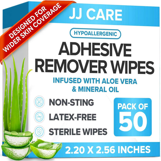 JJ CARE Kleberentferner-Tücher (50 Stück) 5,6 x 6,5 cm, hautfreundlich, medizinisch, für sensible Haut – einzeln verpackt