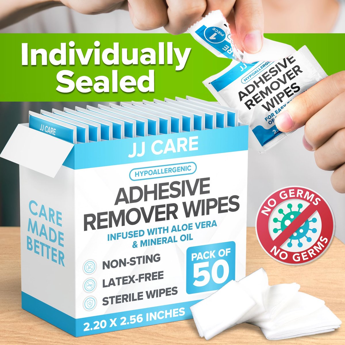 JJ CARE Kleberentferner-Tücher (50 Stück) 5,6 x 6,5 cm, hautfreundlich, medizinisch, für sensible Haut – einzeln verpackt