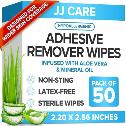 JJ CARE Kleberentferner-Tücher (50 Stück) 5,6 x 6,5 cm, hautfreundlich, medizinisch, für sensible Haut – einzeln verpackt