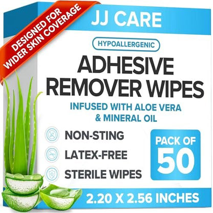 JJ CARE Kleberentferner-Tücher (50 Stück) 5,6 x 6,5 cm, hautfreundlich, medizinisch, für sensible Haut – einzeln verpackt