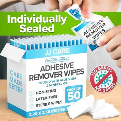 JJ CARE Kleberentferner-Tücher (50 Stück) 5,6 x 6,5 cm, hautfreundlich, medizinisch, für sensible Haut – einzeln verpackt