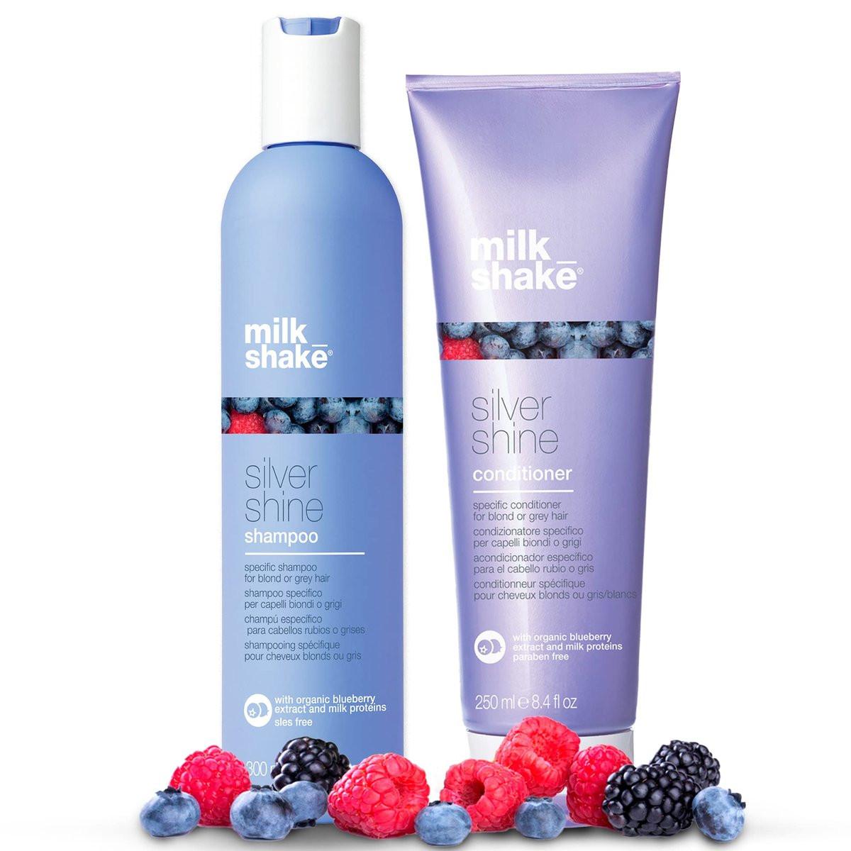 milk_shake Silver Shine Purple Shampoo 300 ml + Purple Conditioner 250 ml – Blond-Shampoo und Conditioner Set gegen Gelbstich