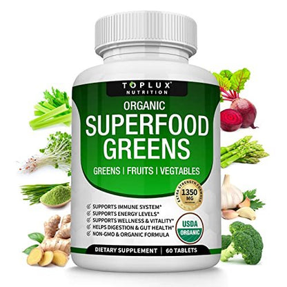 Bio Super Greens Kapseln – Superfood Obst & Gemüse Supplement mit 28 natürlichen Inhaltsstoffen wie Alfalfa, Rote Bete, Sauerkirsche & Ingwer – Immun- & Energieunterstützung für Männer & Frauen, 60 Tabletten