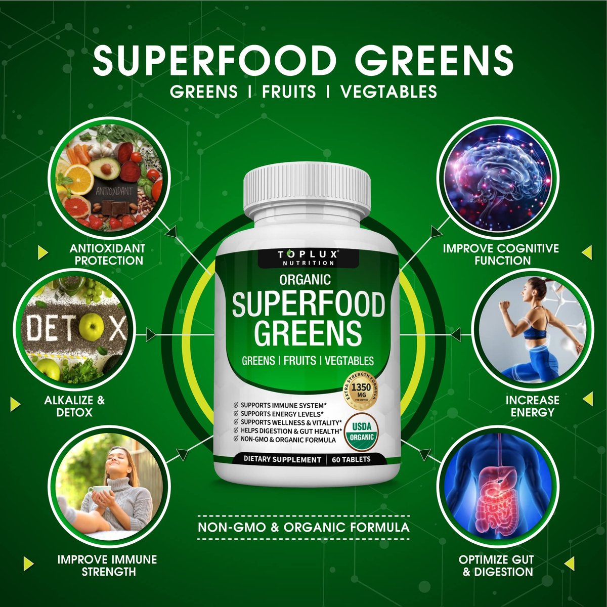 Bio Super Greens Kapseln – Superfood Obst & Gemüse Supplement mit 28 natürlichen Inhaltsstoffen wie Alfalfa, Rote Bete, Sauerkirsche & Ingwer – Immun- & Energieunterstützung für Männer & Frauen, 60 Tabletten